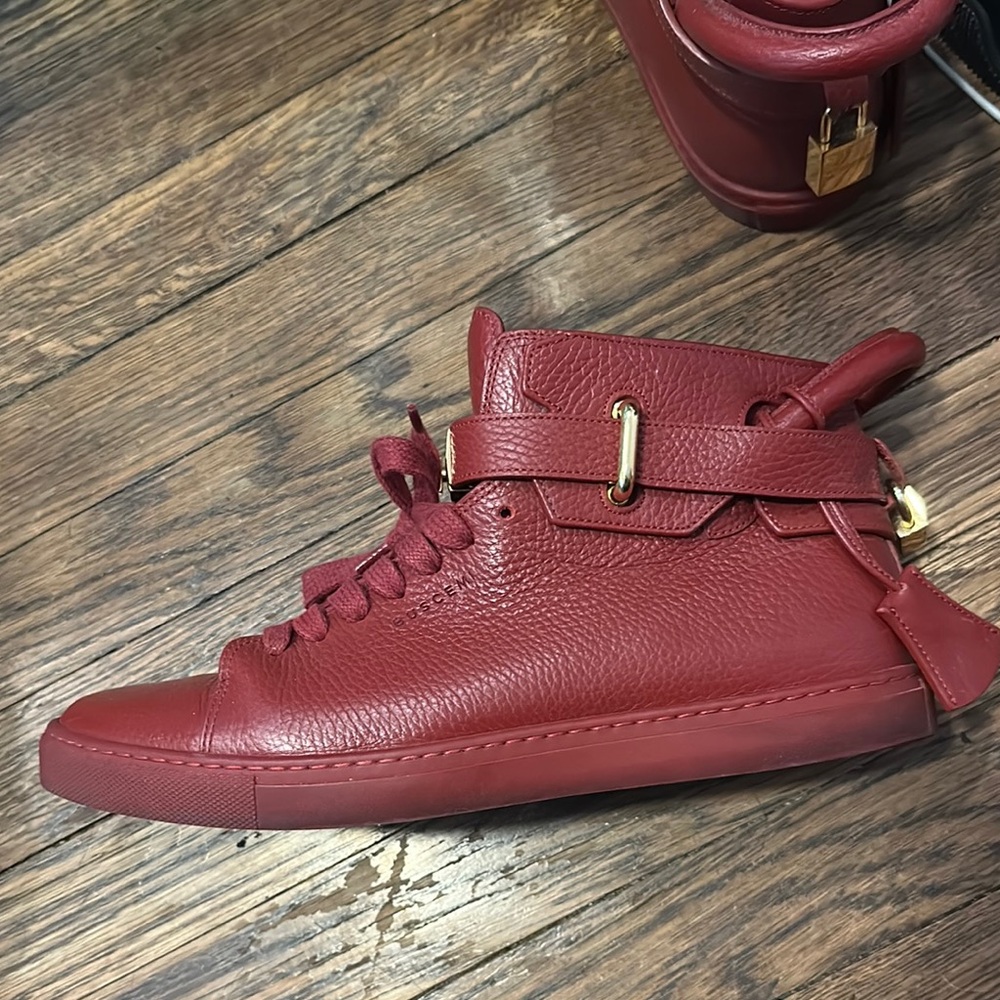 Red Buscemi High-Top Sneakers with Gold Accents